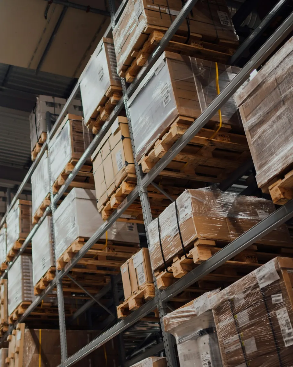 Export cartons on warehouse racks, ready to ship